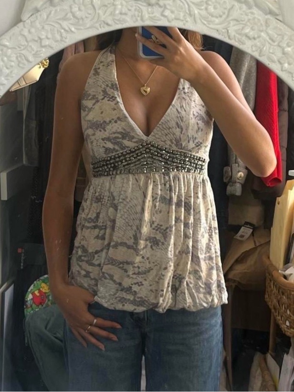 Vintage Beaded V-Neck Halter Tank Top
